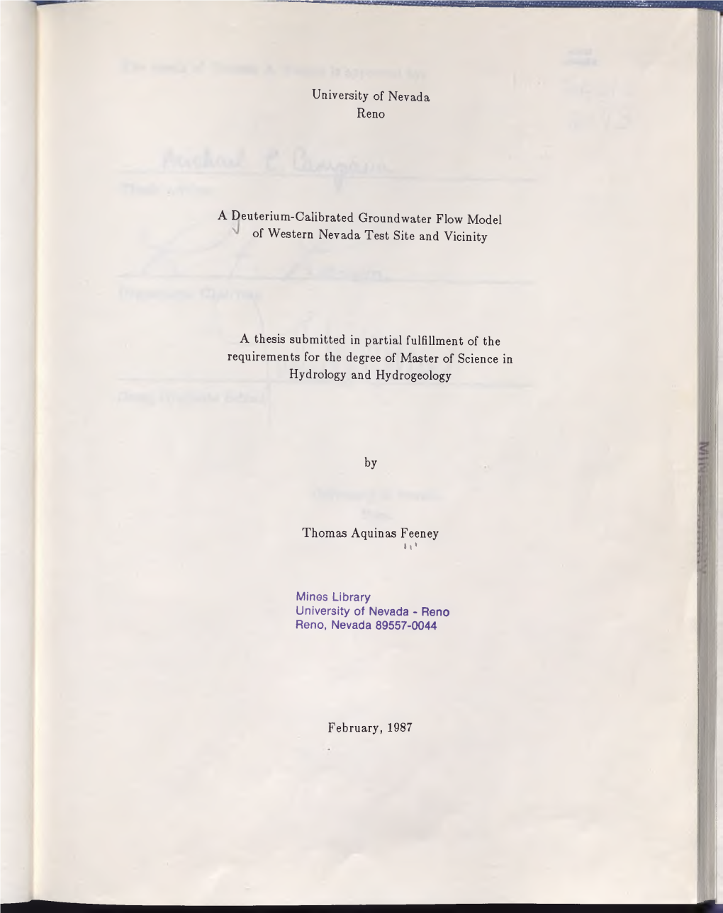 University of Nevada Reno a Deuterium-Calibrated Groundwater Flow Model of Western Nevada Test Site and Vicinity a Thesis Submit