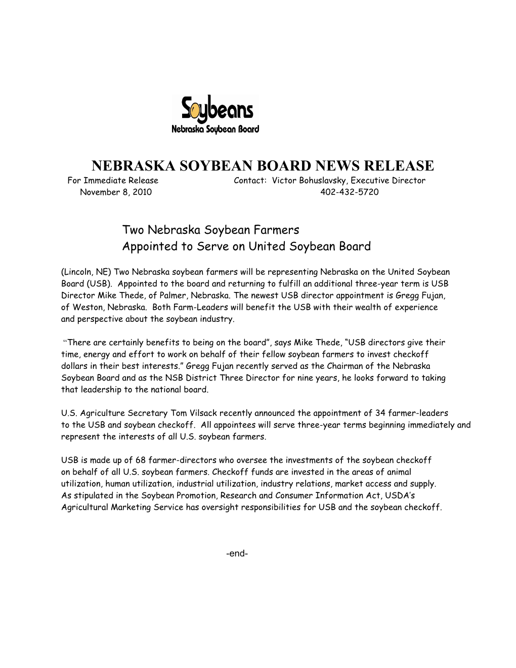 Nebraska Soybean Board News Release
