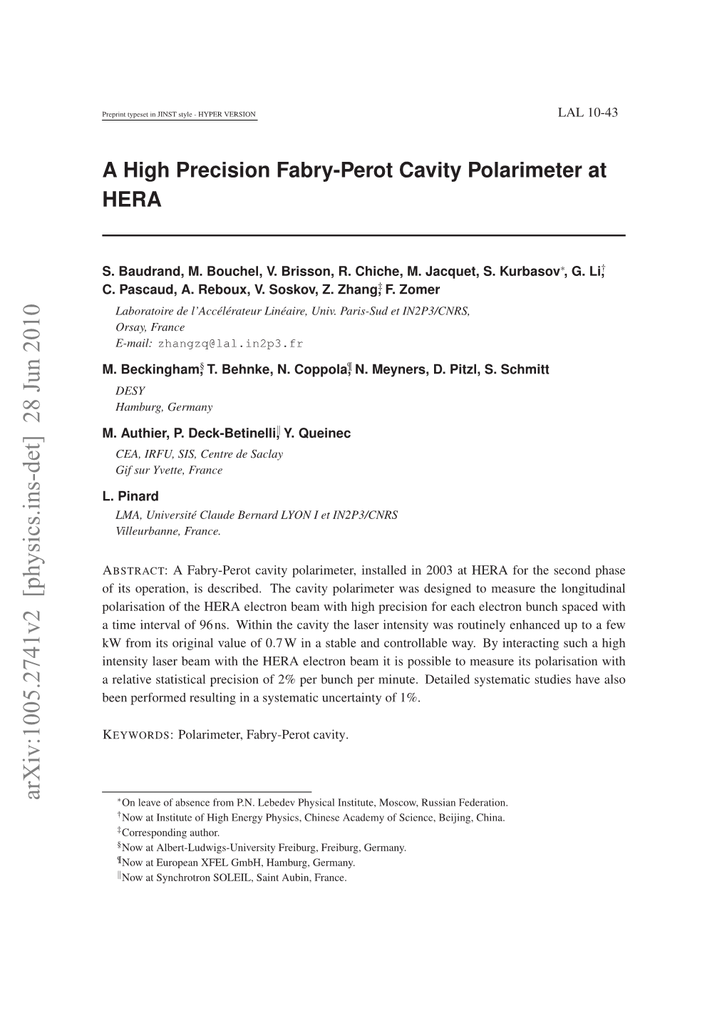 A High Precision Fabry-Perot Cavity Polarimeter at HERA