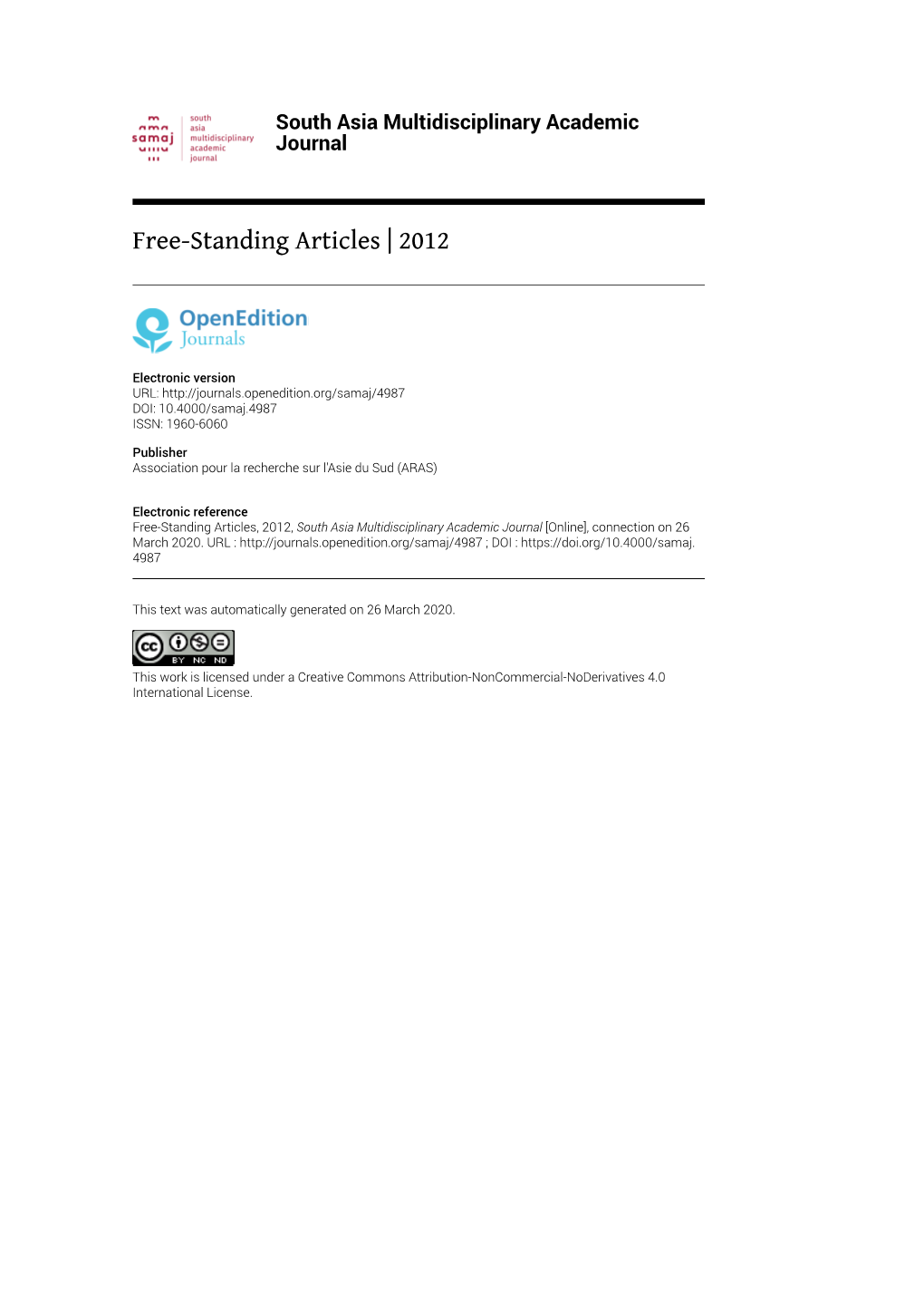 South Asia Multidisciplinary Academic Journal , Free-Standing Articles 2