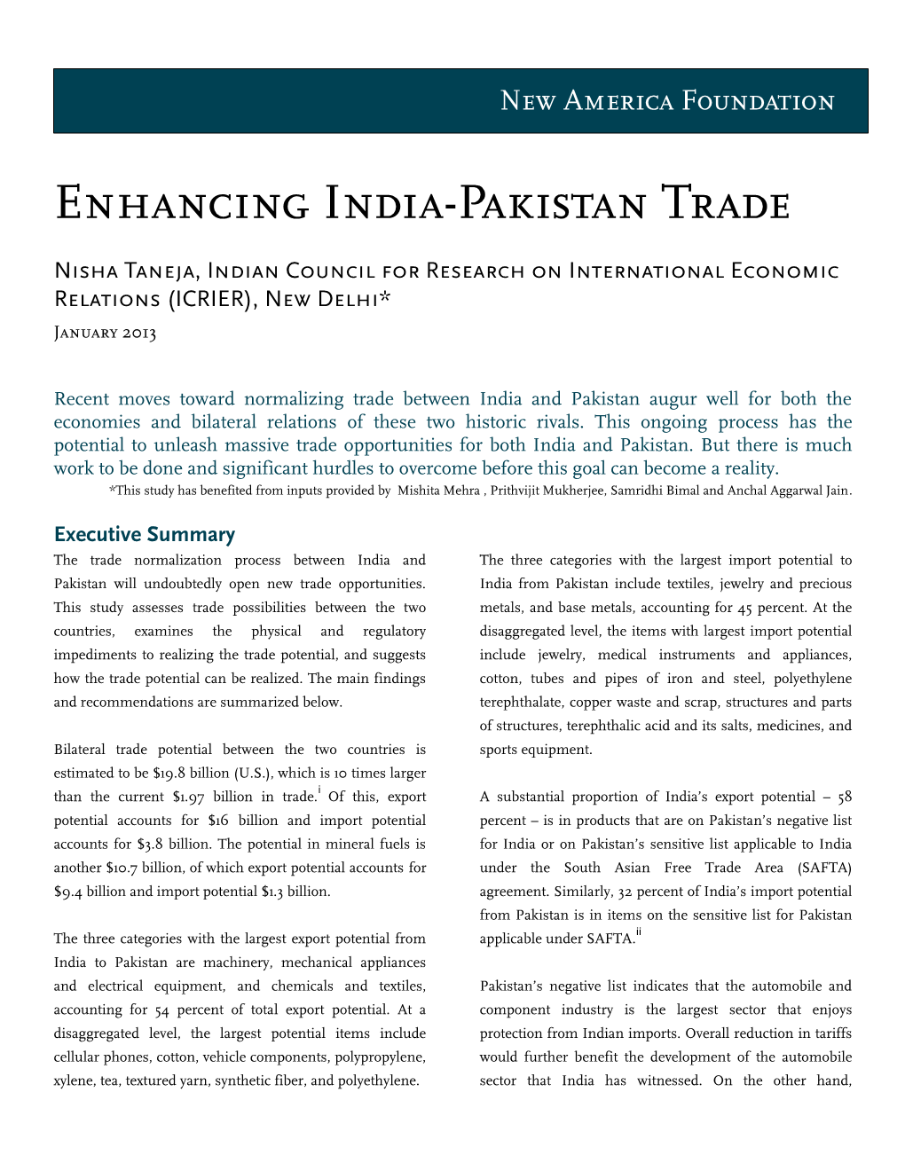 Enhancing India-Pakistan Trade