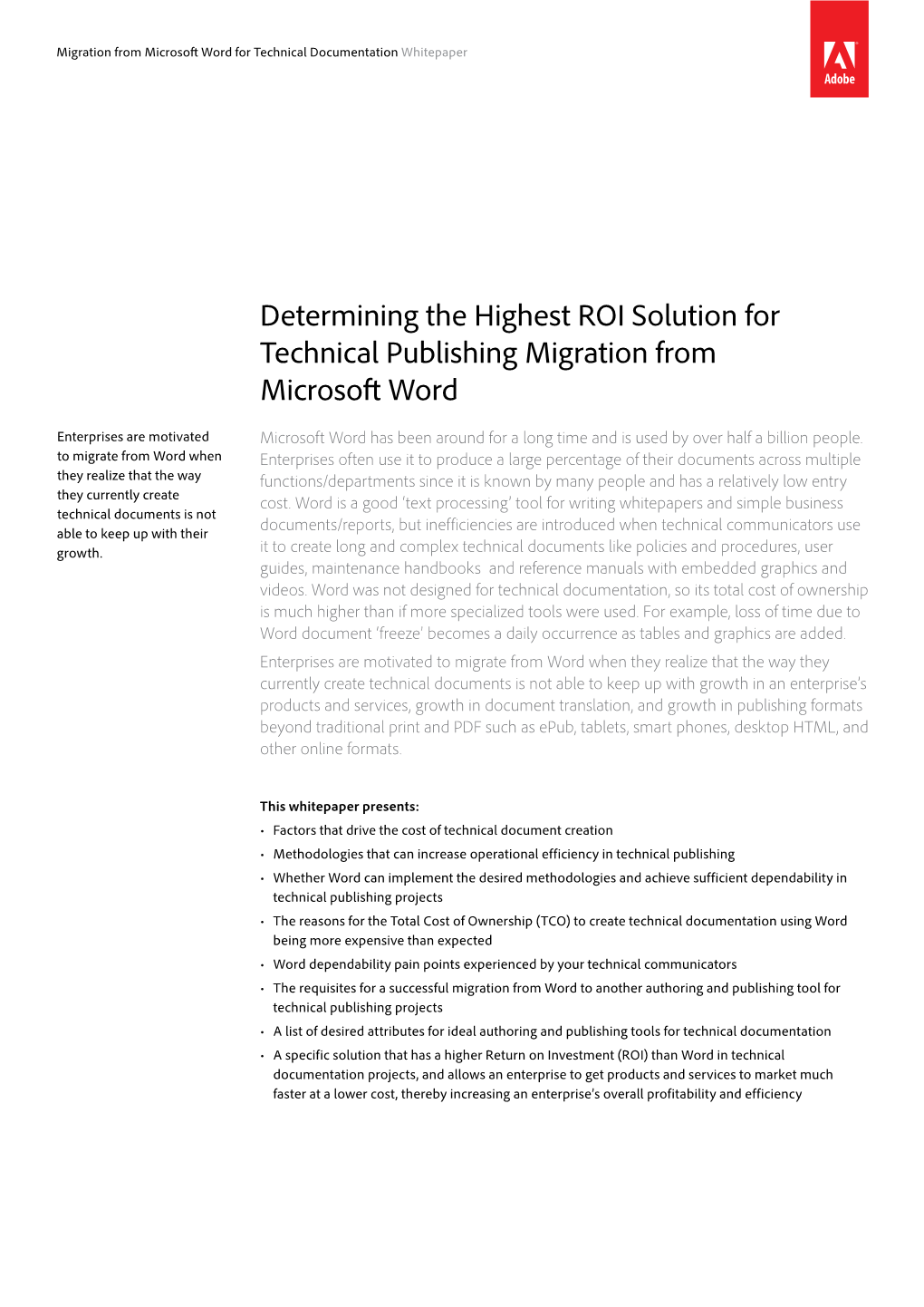 Determining the Highest ROI Solution for Technical Publishing Migration from Microsoft Word