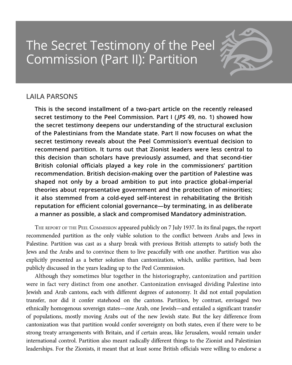 The Secret Testimony of the Peel Commission (Part II): Partition