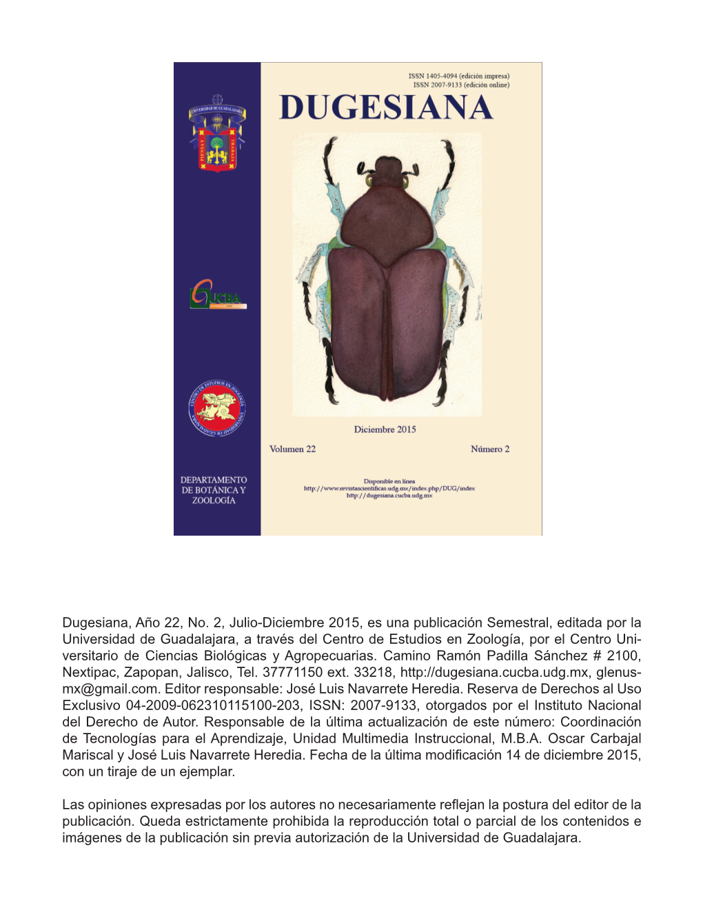 Dugesiana, Año 22, No. 2, Julio-Diciembre 2015, Es Una Publicación Semestral, Editada Por La Universidad De Guadalajara, A