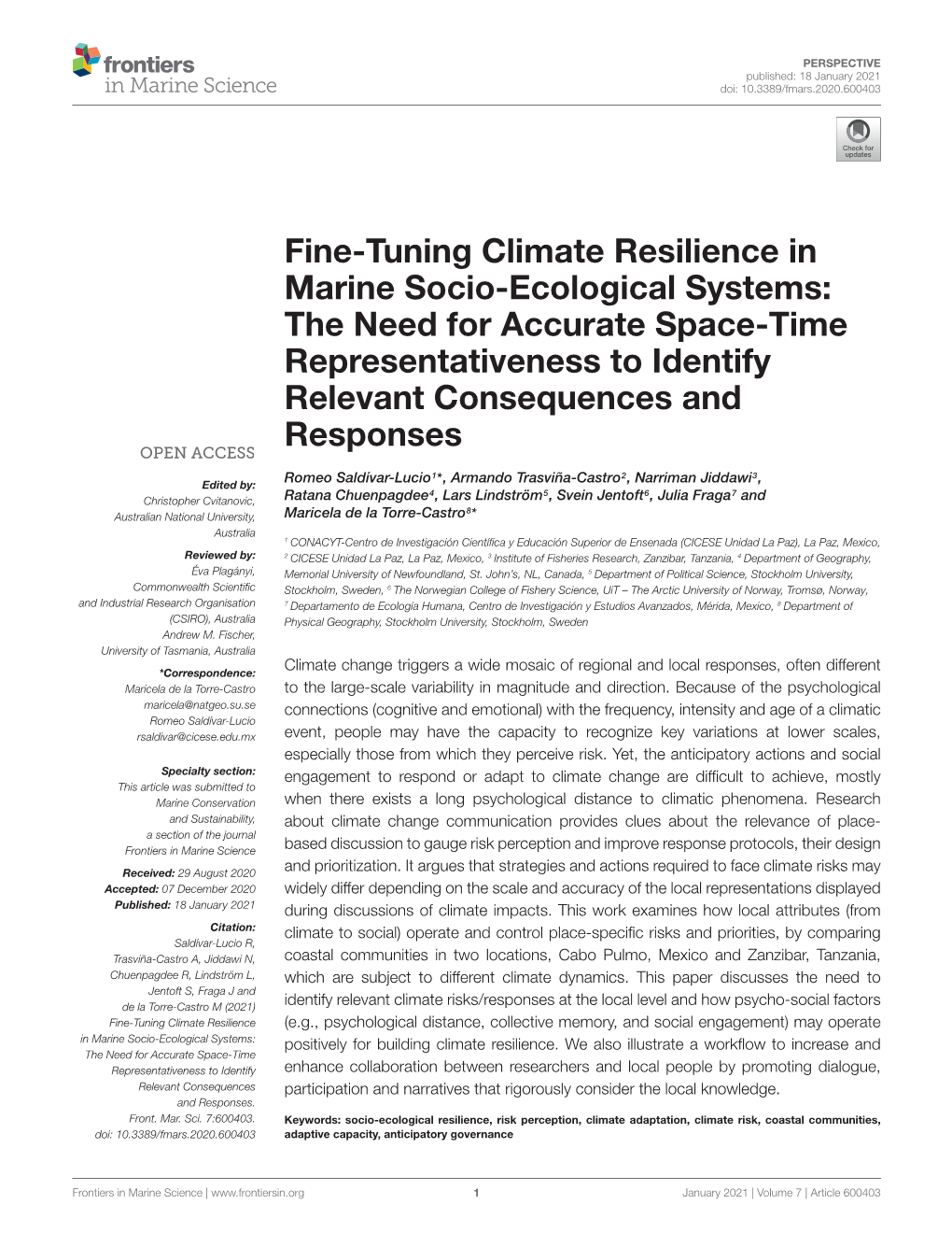 Fine-Tuning Climate Resilience in Marine Socio-Ecological Systems: the Need for Accurate Space-Time Representativeness to Identify Relevant Consequences and Responses