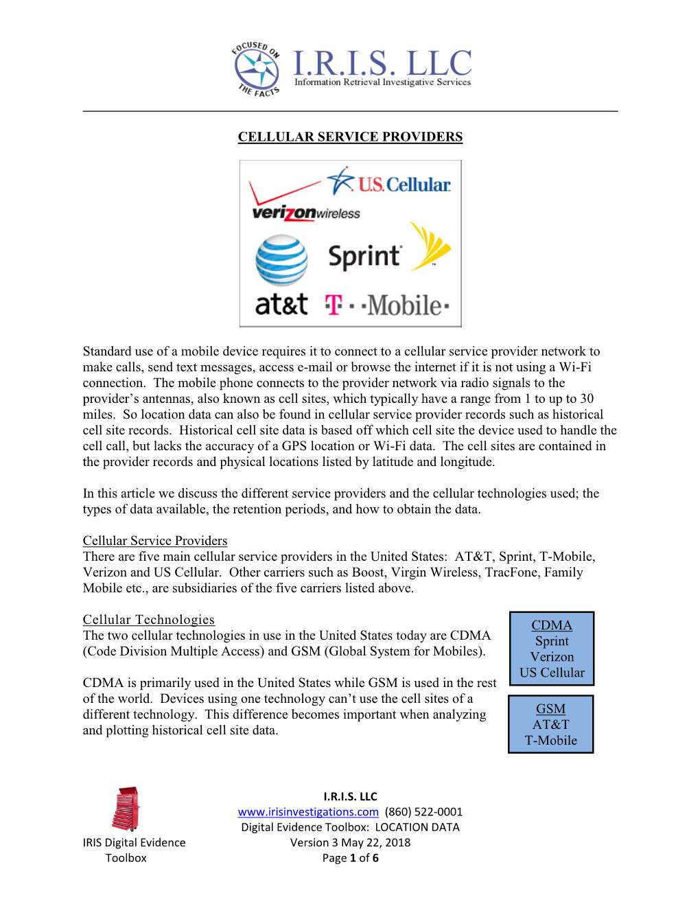 CELLULAR SERVICE PROVIDERS Standard Use of a Mobile Device