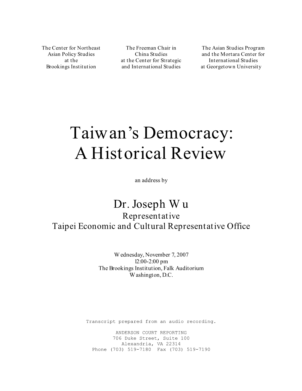 Taiwan's Democracy: a Historical Review