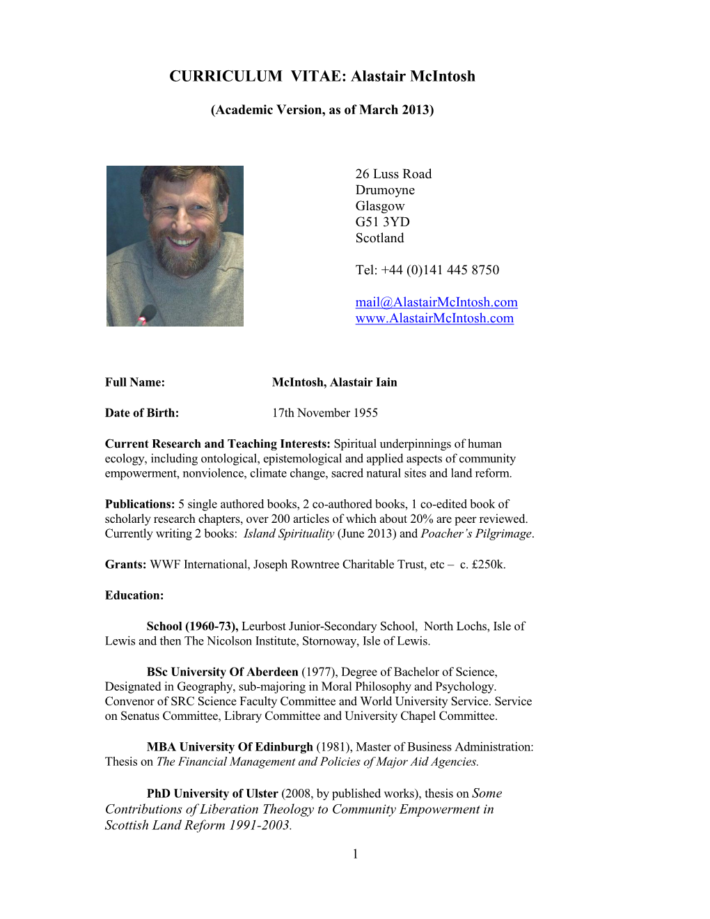 Alastair Mcintosh Academic CV