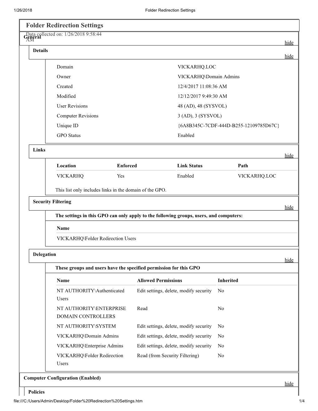 Folder Redirection Settings