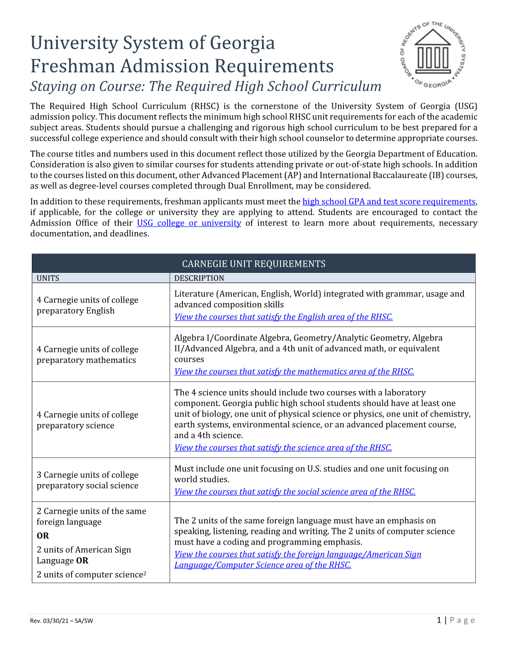 Staying on Course: the Required High School Curriculum