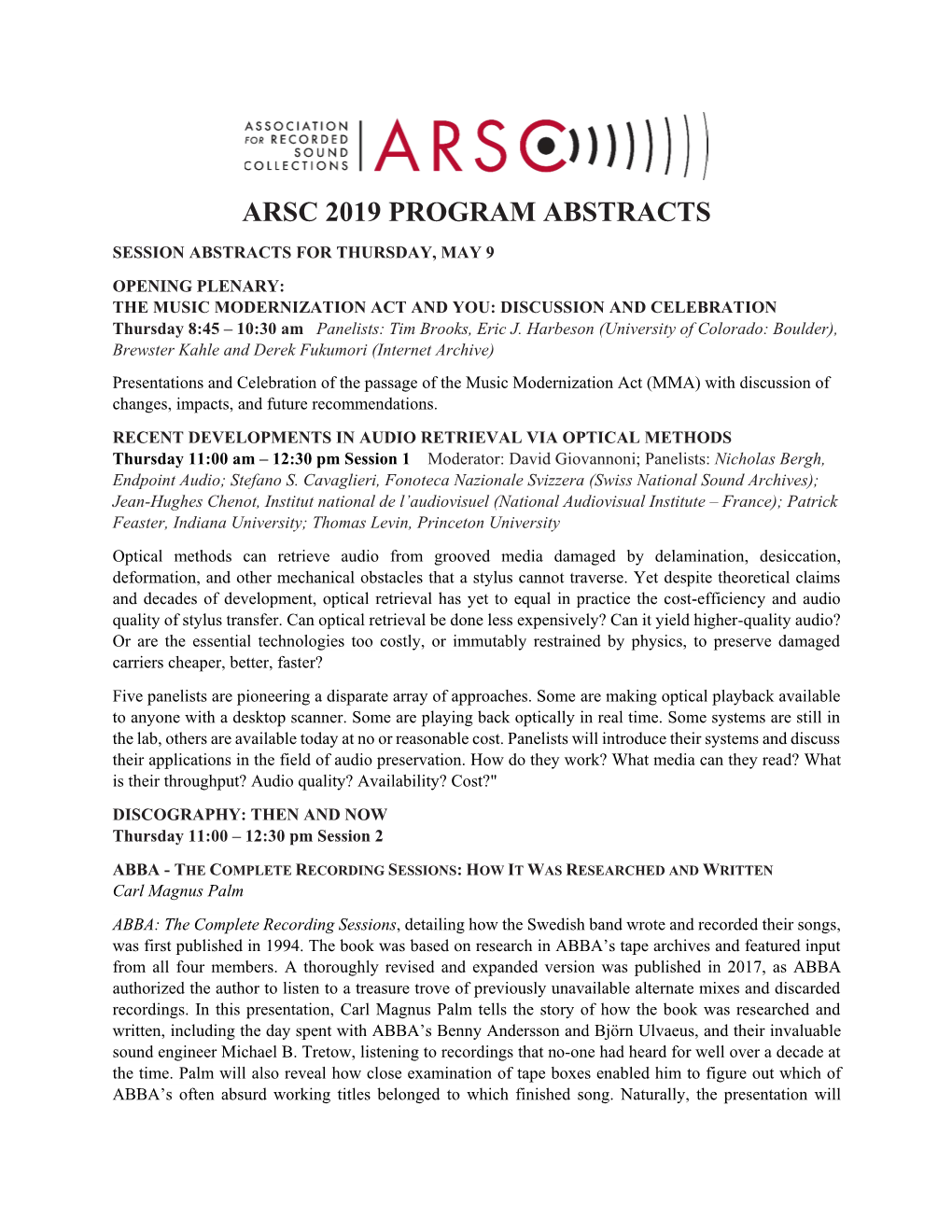 Arsc 2019 Program Abstracts