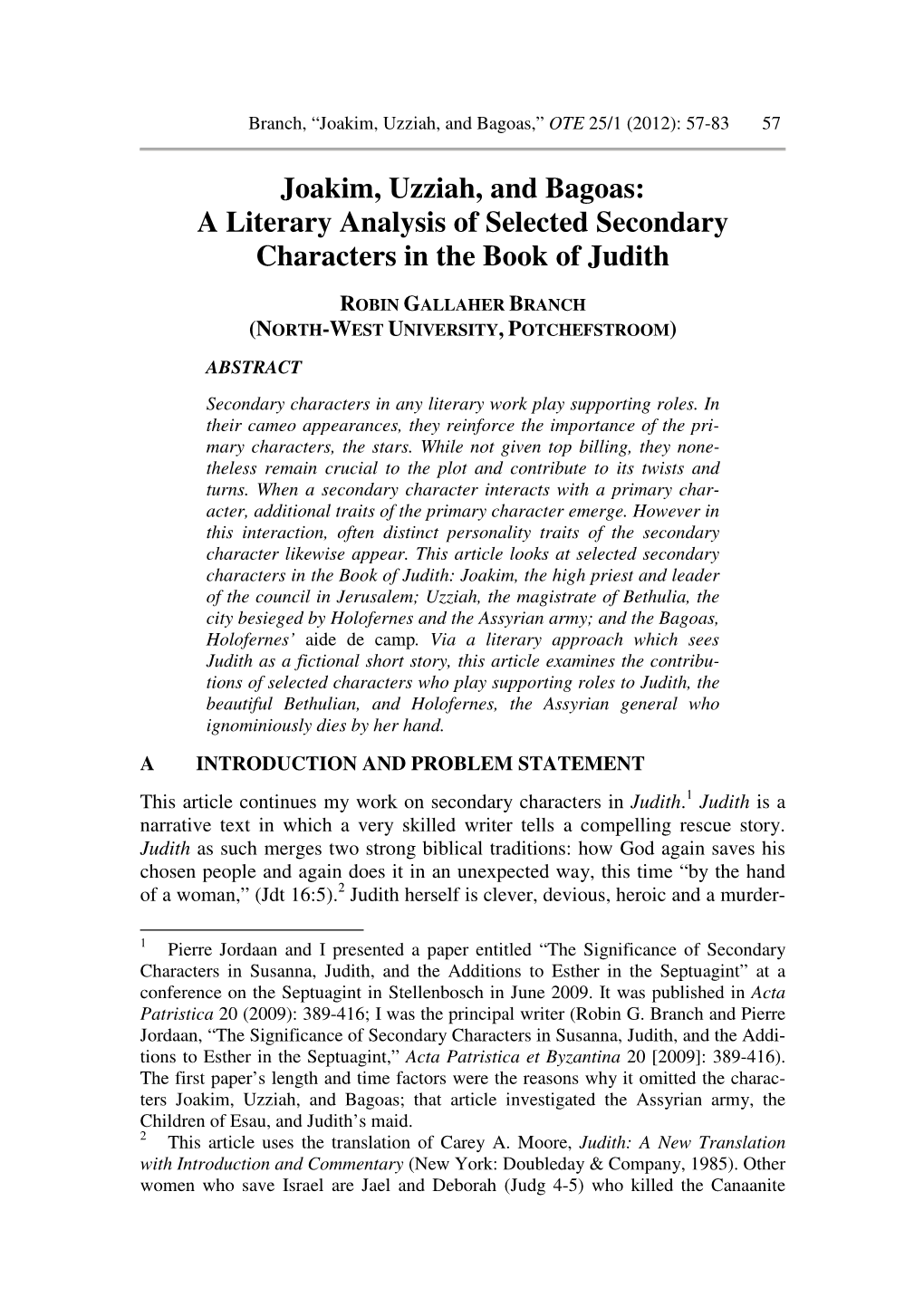 Joakim, Uzziah, and Bagoas: a Literary Analysis of Selected Secondary Characters in the Book of Judith