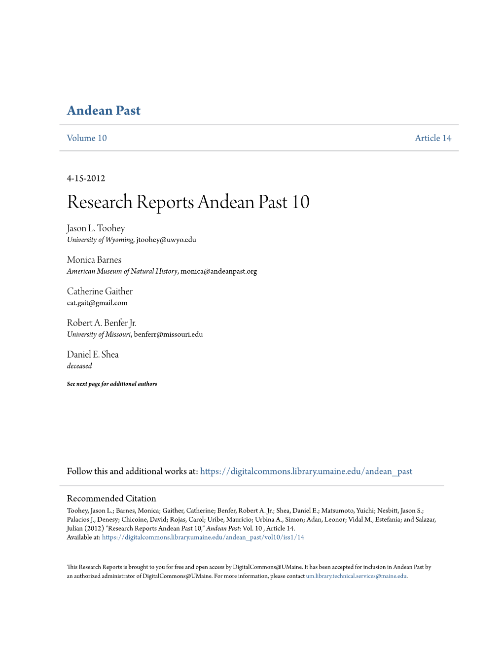 Research Reports Andean Past 10 Jason L