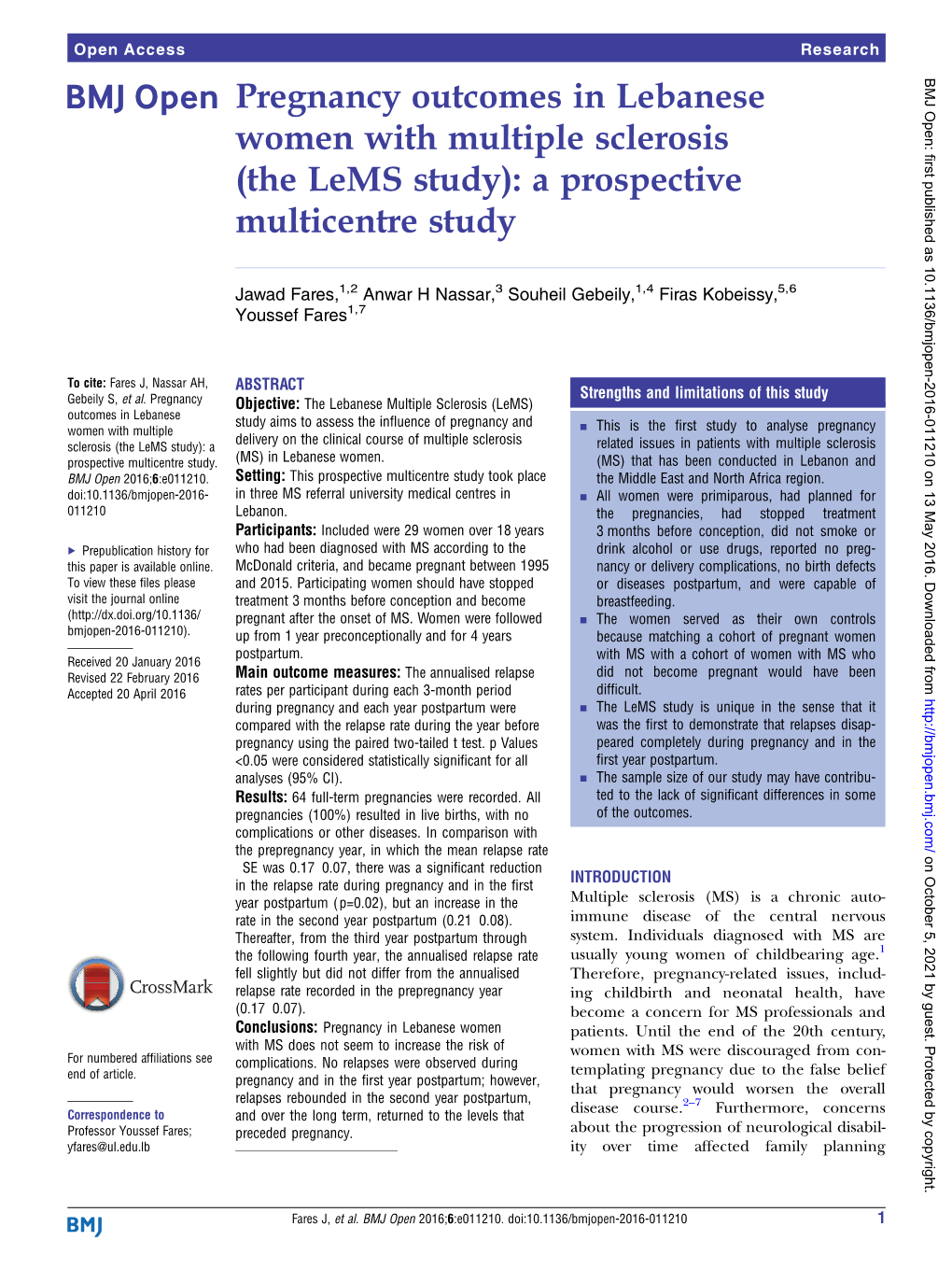 Pregnancy Outcomes in Lebanese Women with Multiple Sclerosis (The Lems Study): a Prospective Multicentre Study