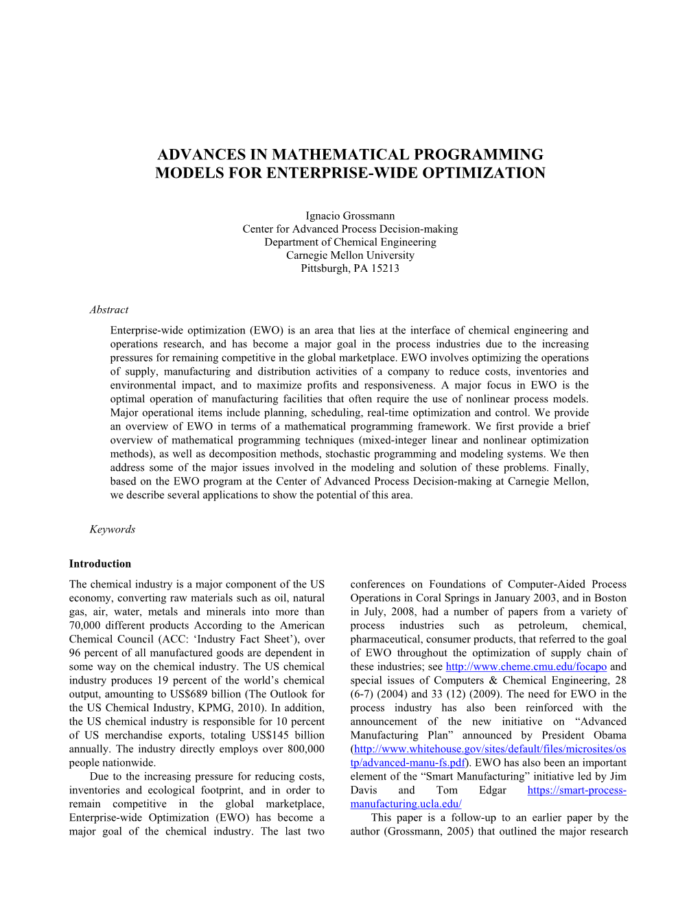 Advances in Mathematical Programming Models for Enterprise-Wide Optimization