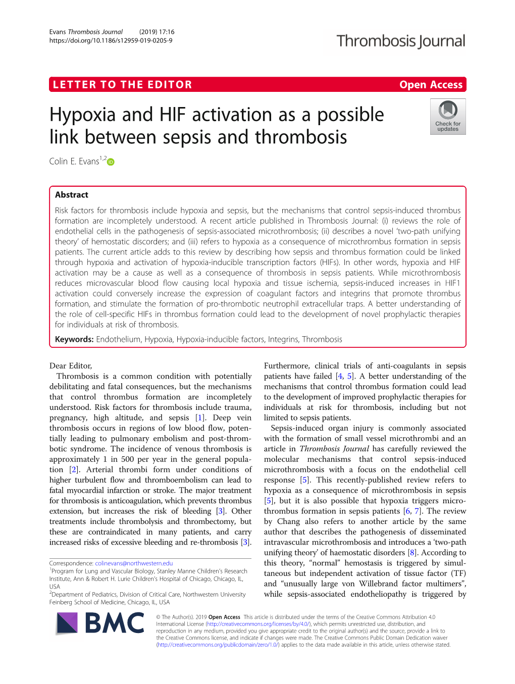 Hypoxia and HIF Activation As a Possible Link Between Sepsis and Thrombosis Colin E