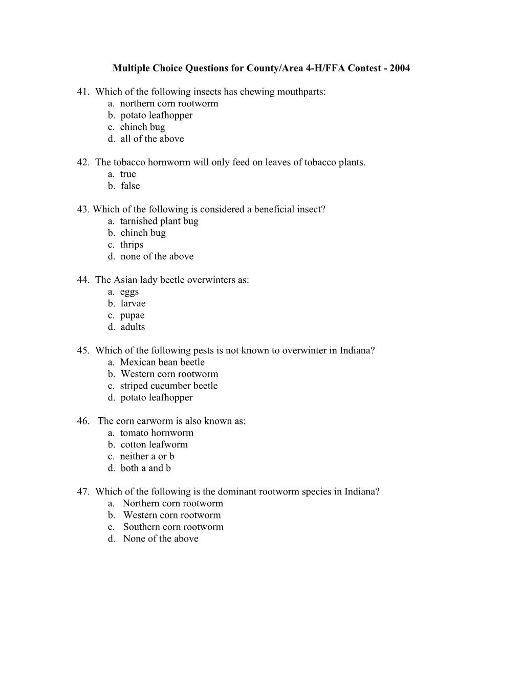 Multiple Choice Questions for County/Area 4-H/FFA Contest - 1998 s1