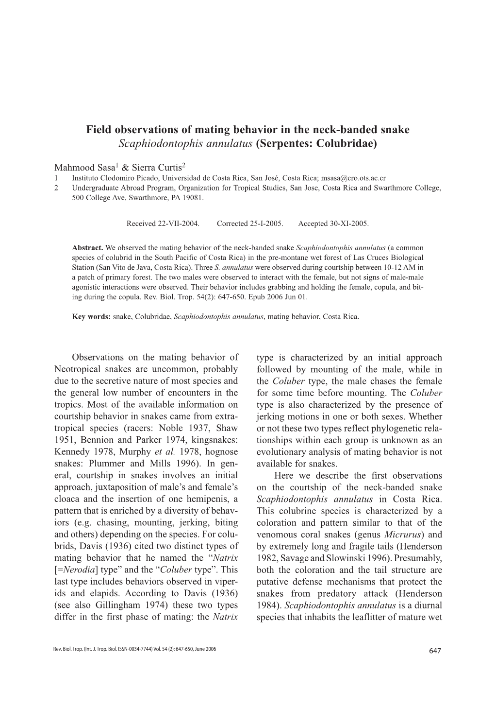 Field Observations of Mating Behavior in the Neck-Banded Snake Scaphiodontophis Annulatus (Serpentes: Colubridae)