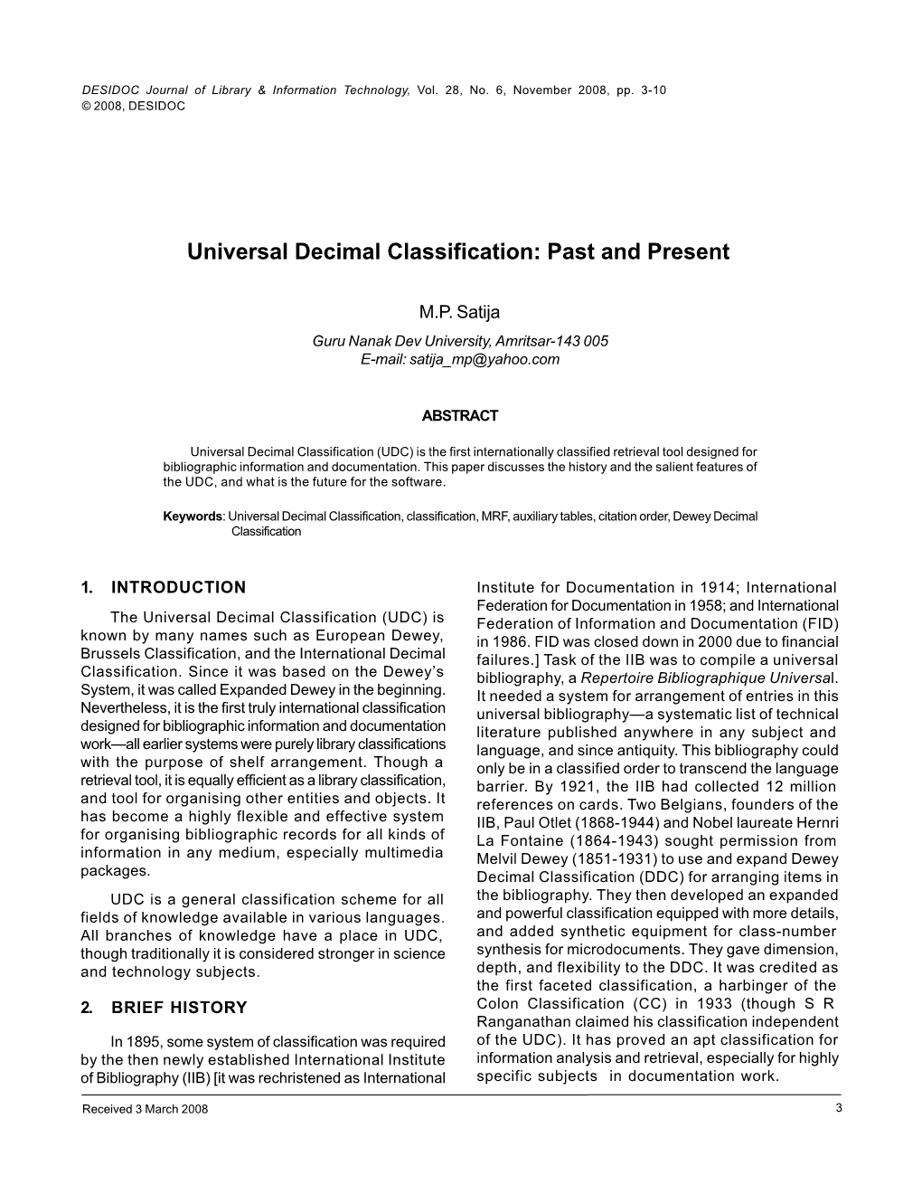 Universal Decimal Classification: Past and Present