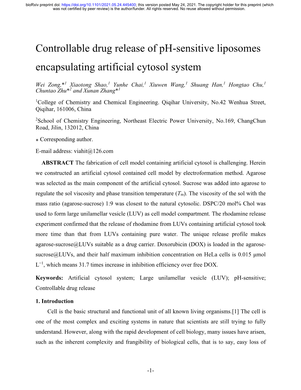 Controllable Drug Release of Ph-Sensitive Liposomes Encapsulating Artificial Cytosol System