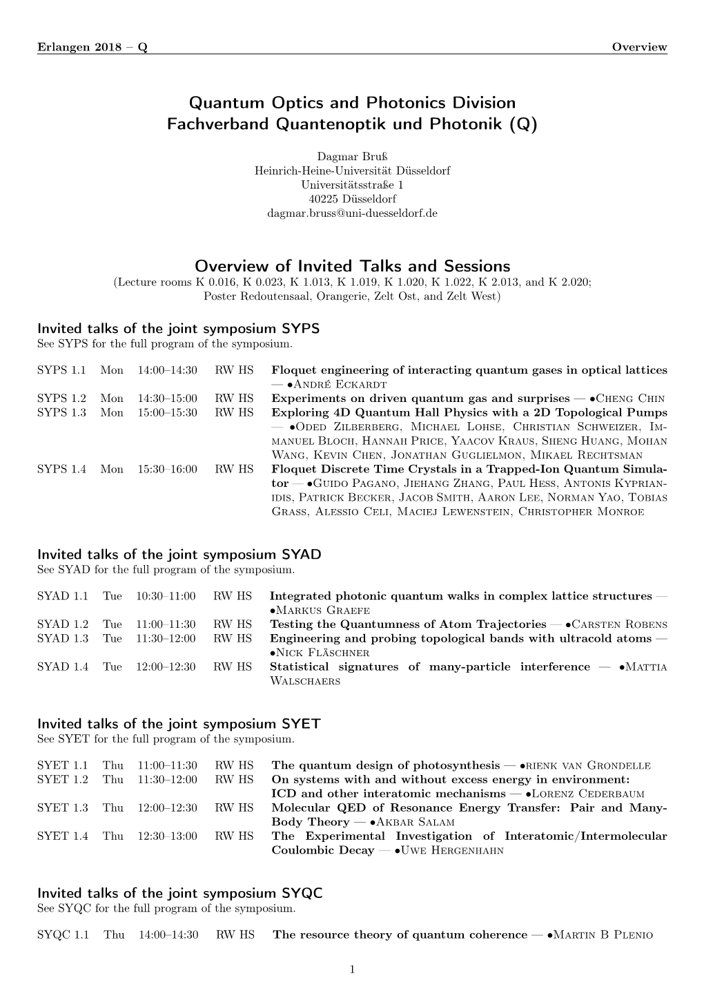 Quantum Optics and Photonics Division Fachverband Quantenoptik Und Photonik (Q)