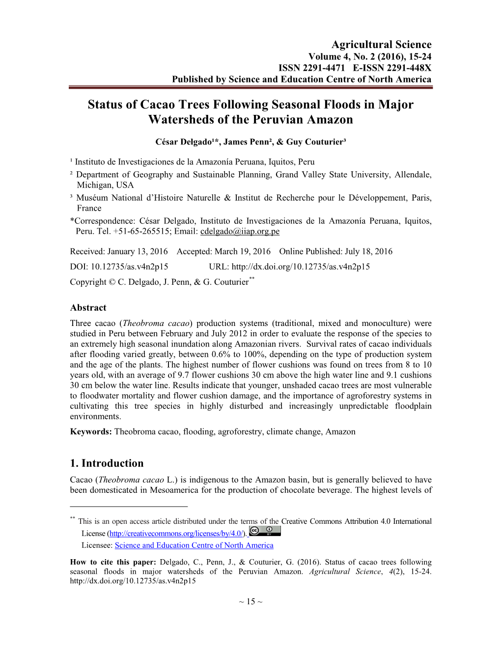Status of Cacao Trees Following Seasonal Floods in Major Watersheds of the Peruvian Amazon