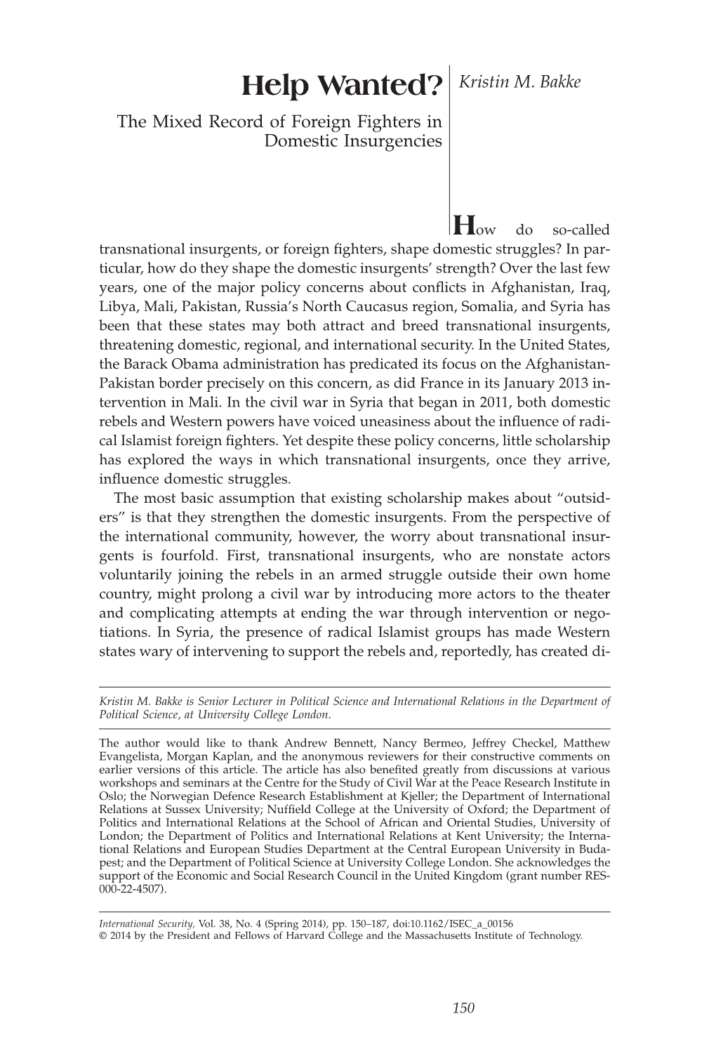 Kristin M. Bakke the Mixed Record of Foreign Fighters in Domestic Insurgencies