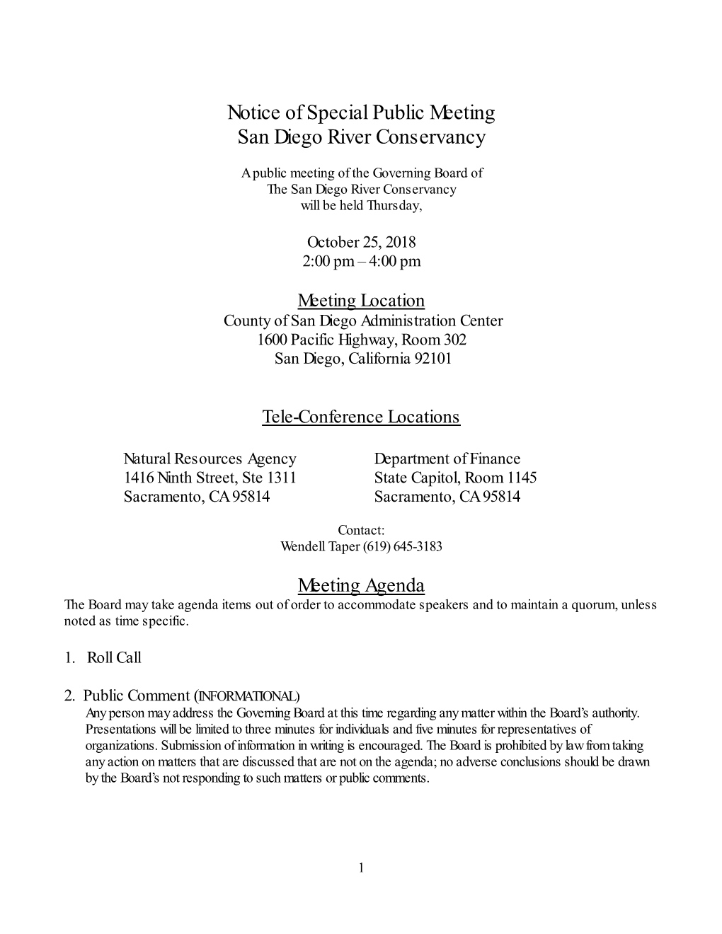 Notice of Special Public Meeting San Diego River Conservancy