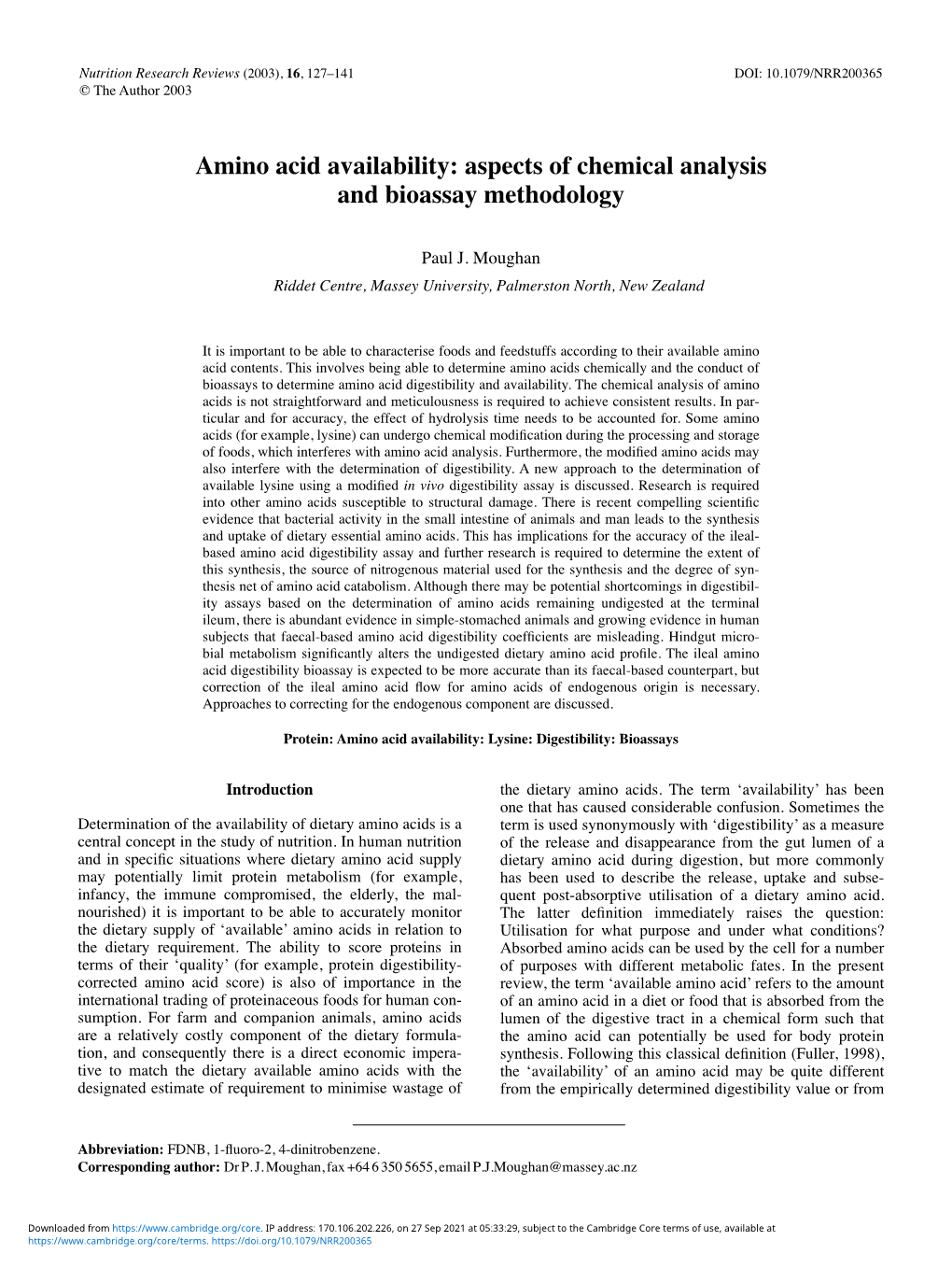 Amino Acid Availability: Aspects of Chemical Analysis and Bioassay Methodology