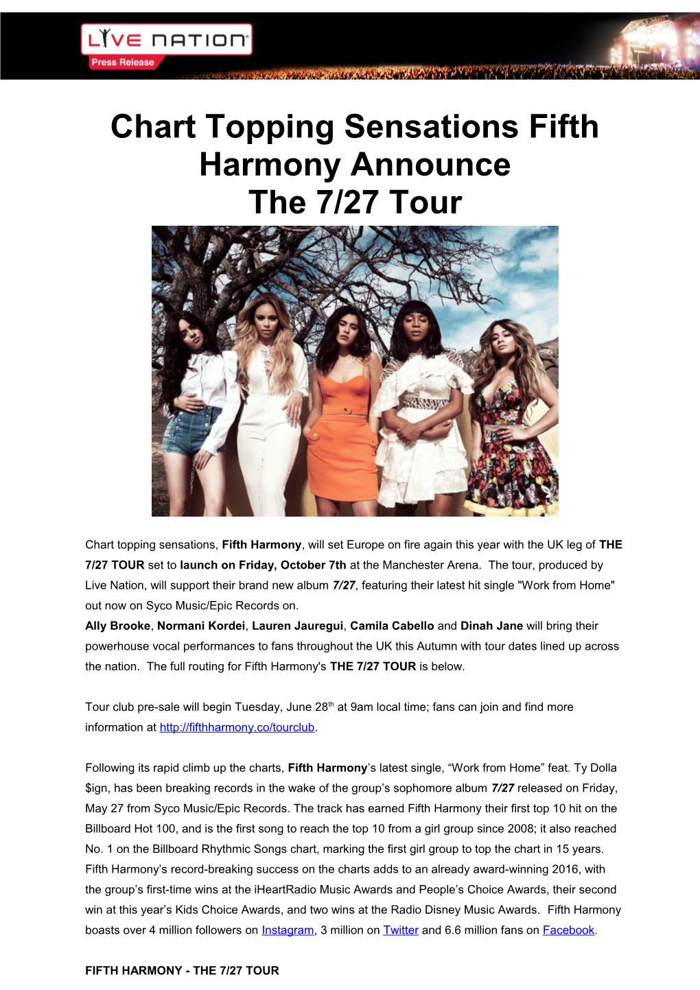 Chart Topping Sensations Fifth Harmony Announce