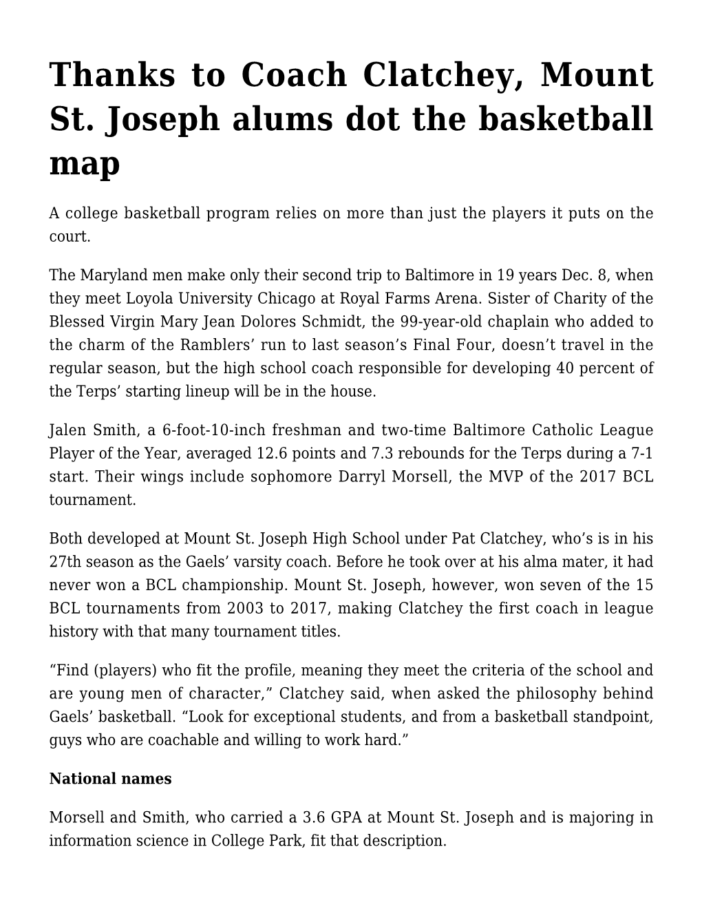 Thanks to Coach Clatchey, Mount St. Joseph Alums Dot the Basketball Map
