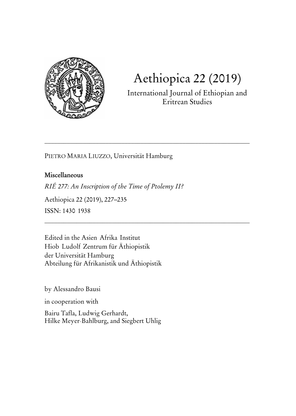 Aethiopica 22 (2019) International Journal of Ethiopian and Eritrean Studies