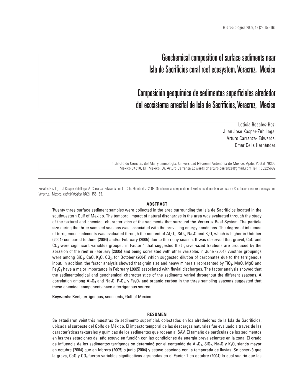 Geochemical Composition of Surface Sediments Near Isla De Sacrificios Coral Reef Ecosystem, Veracruz, Mexico