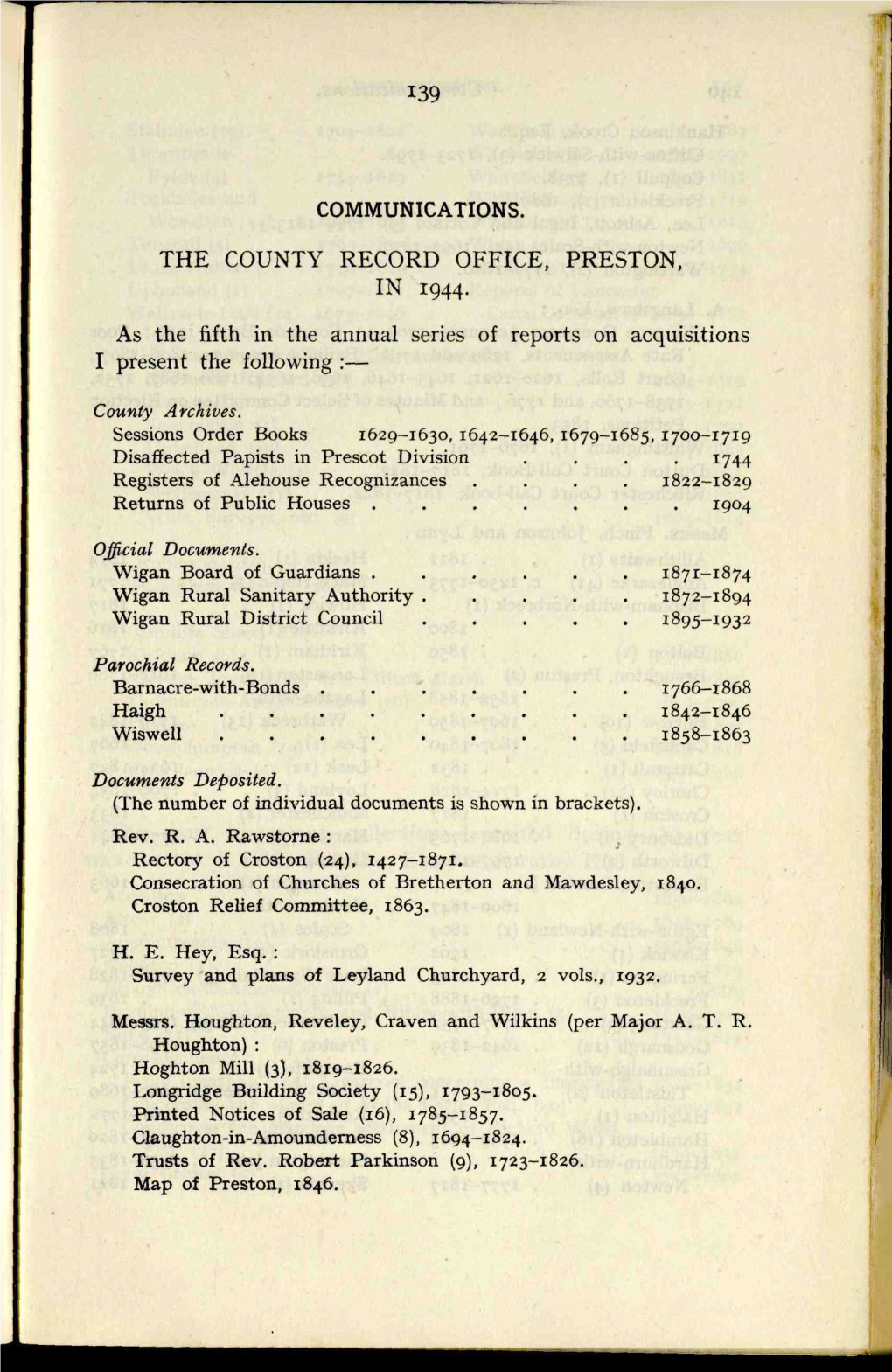 COMMUNICATIONS. the COUNTY RECORD OFFICE, PRESTON, in 1944. As the Fifth in the Annual Series of Reports on Acquisitions I Prese