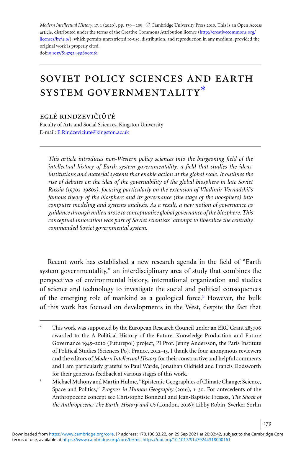 Soviet Policy Sciences and Earth System Governmentality∗