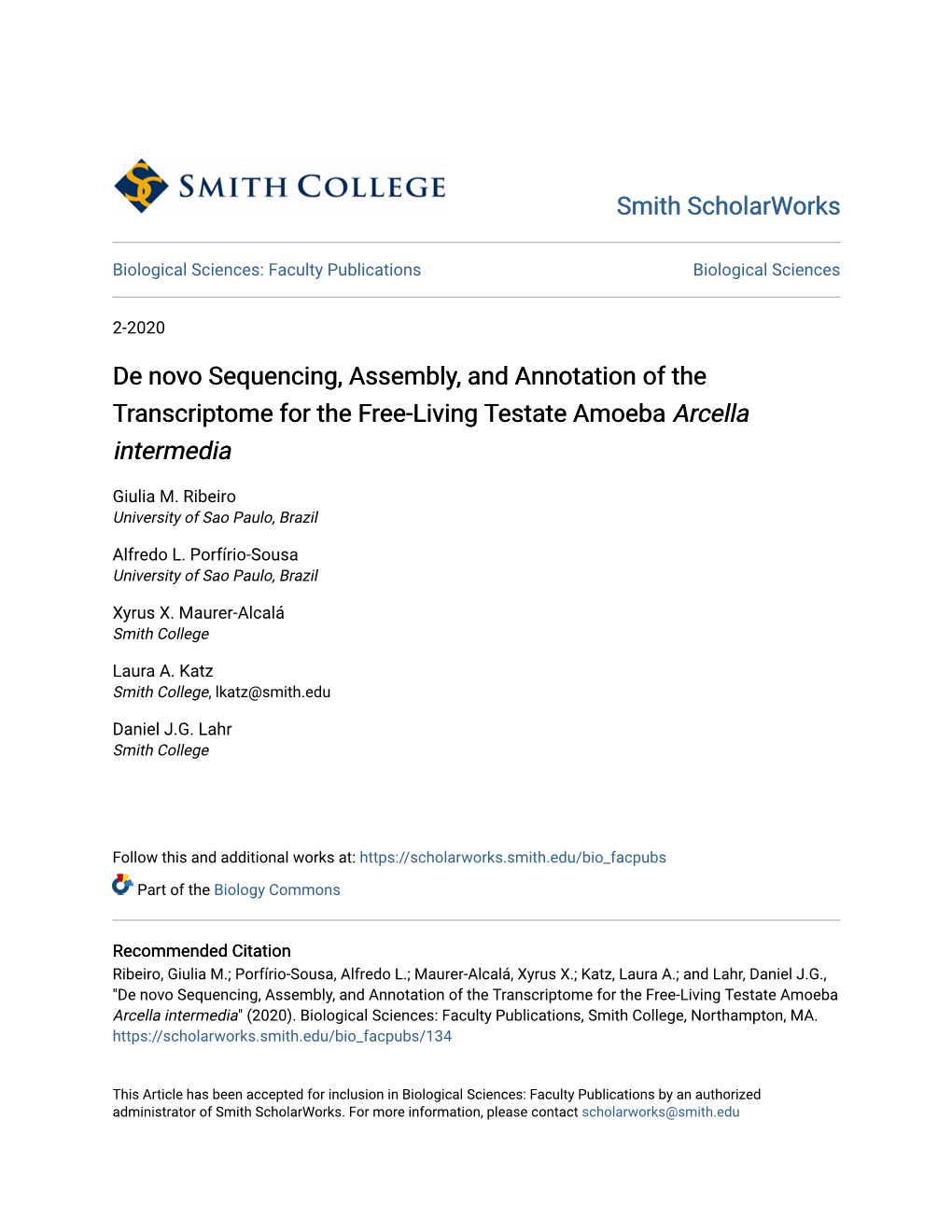 De Novo Sequencing, Assembly, and Annotation of the Transcriptome for the Free-Living Testate Amoeba Arcella Intermedia