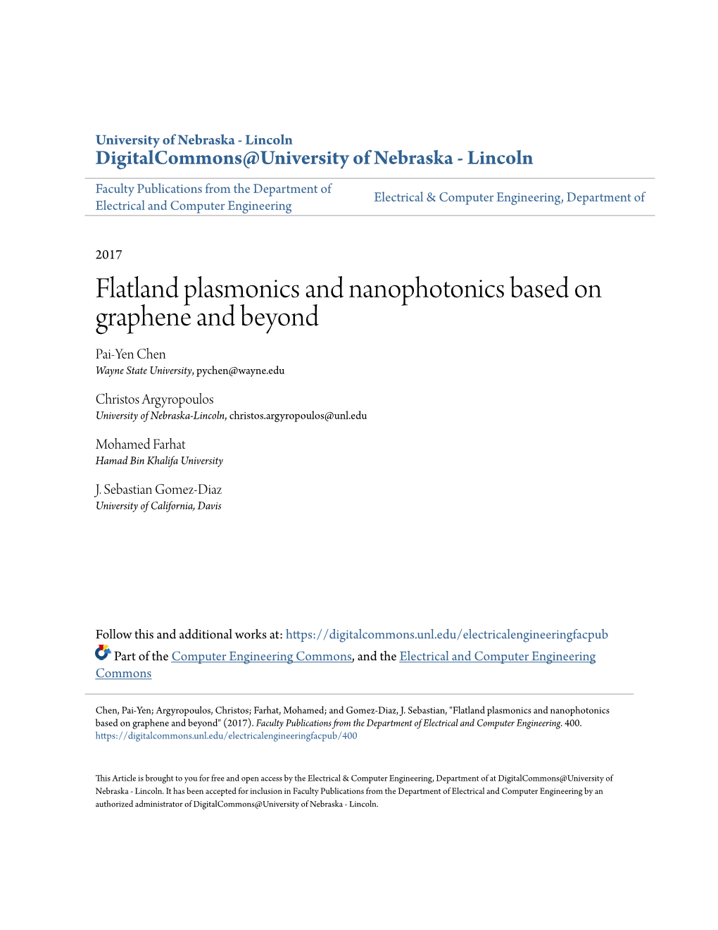 Flatland Plasmonics and Nanophotonics Based on Graphene and Beyond Pai-Yen Chen Wayne State University, Pychen@Wayne.Edu