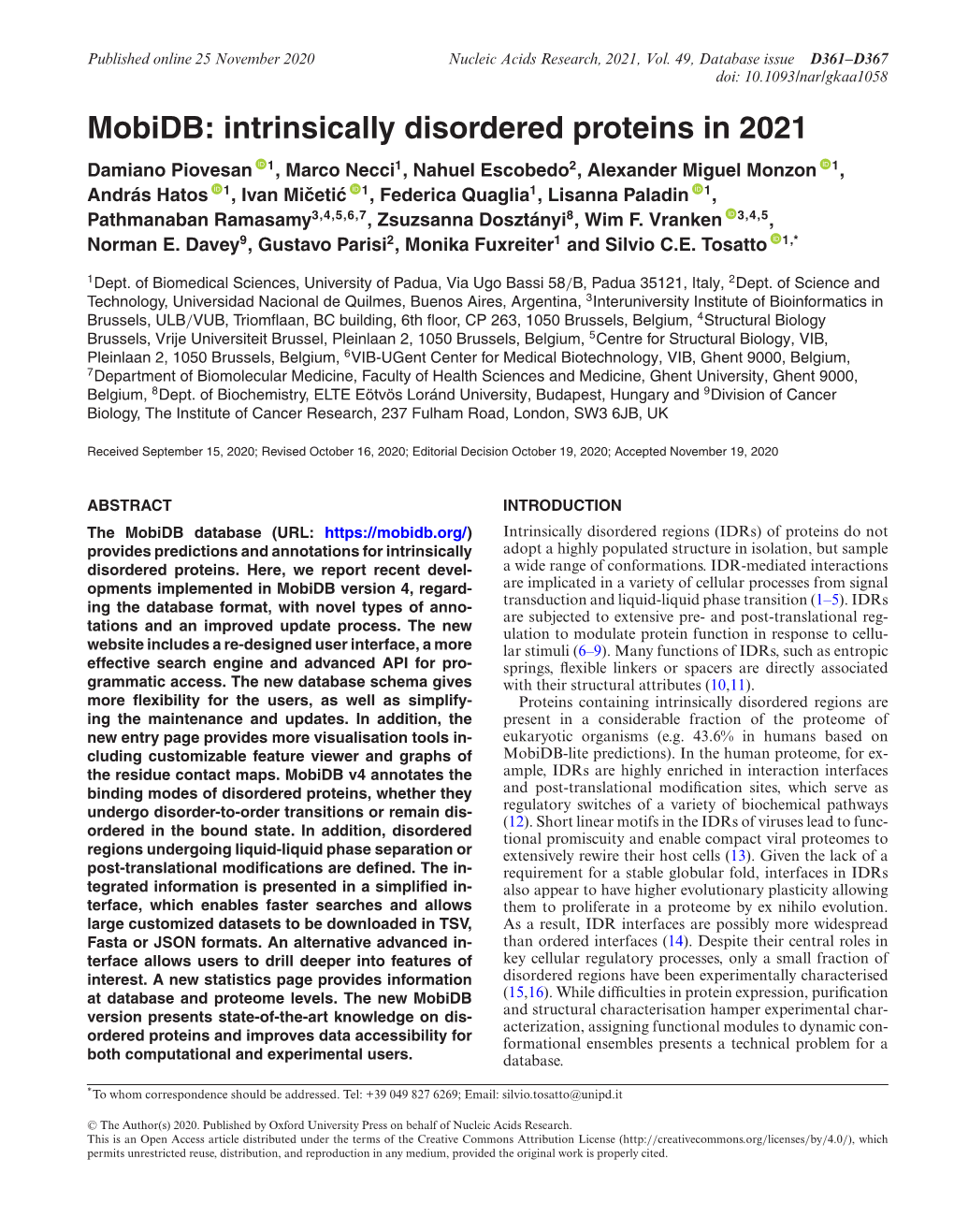 Mobidb: Intrinsically Disordered Proteins in 2021