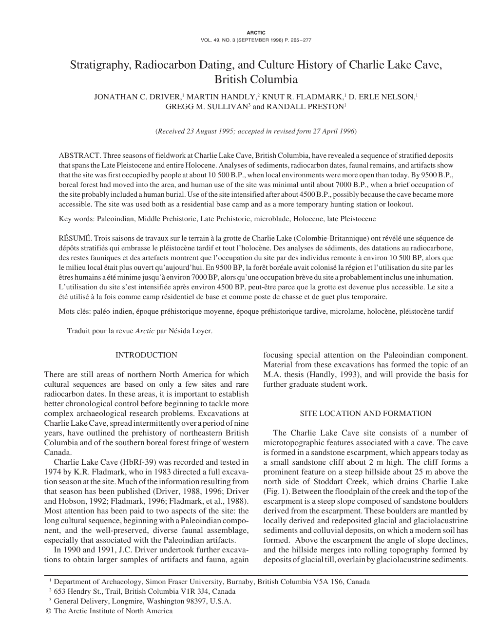 Stratigraphy, Radiocarbon Dating, and Culture History of Charlie Lake Cave, British Columbia JONATHAN C