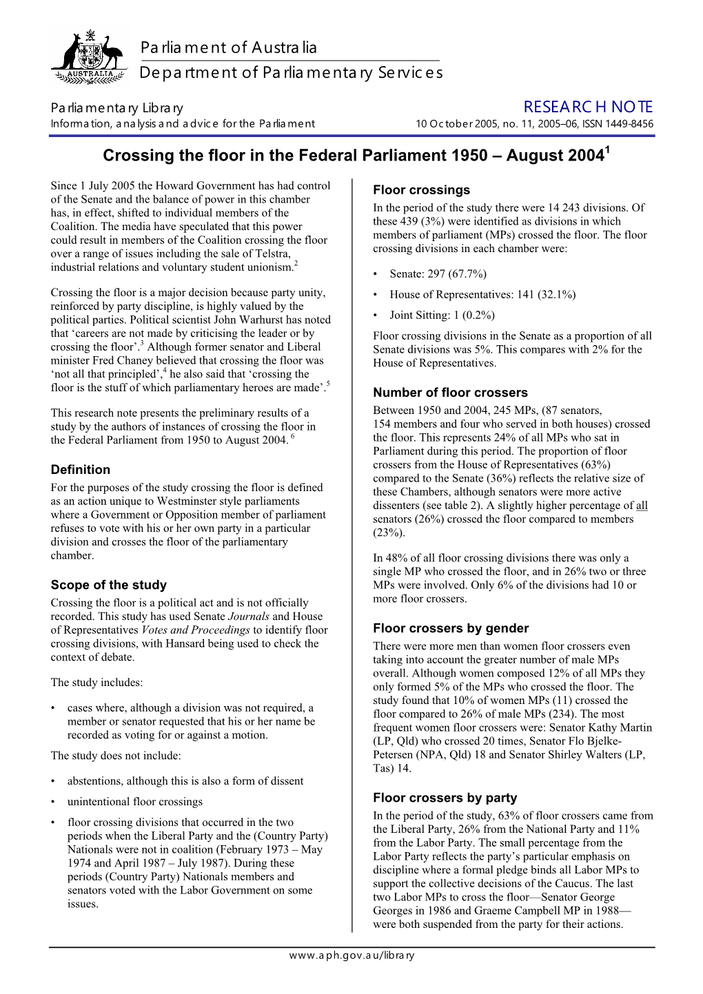 Crossing the Floor in the Federal Parliament 1950 – August 2004.Pdf