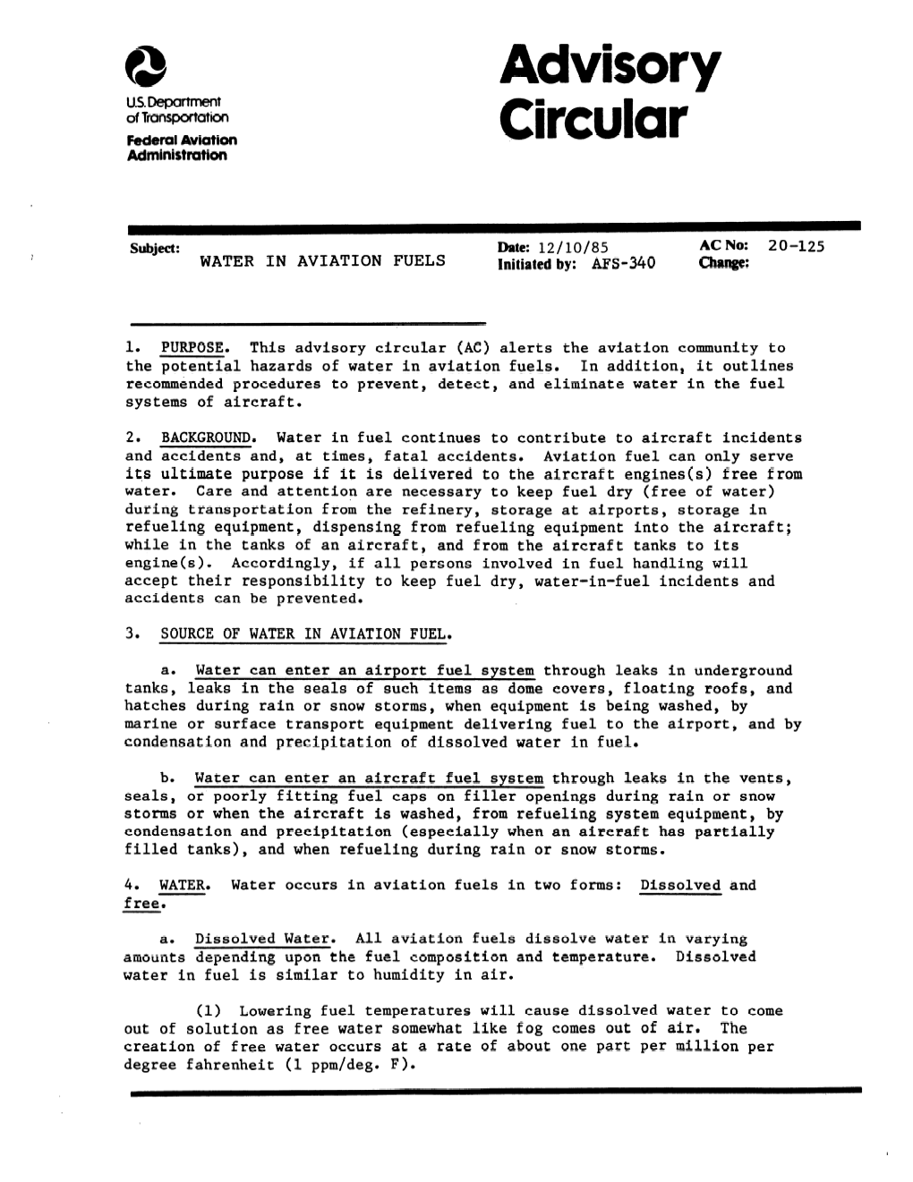 AC No: 20-125 WATER in AVIATION FUELS Initiated By: AFS-340 Change