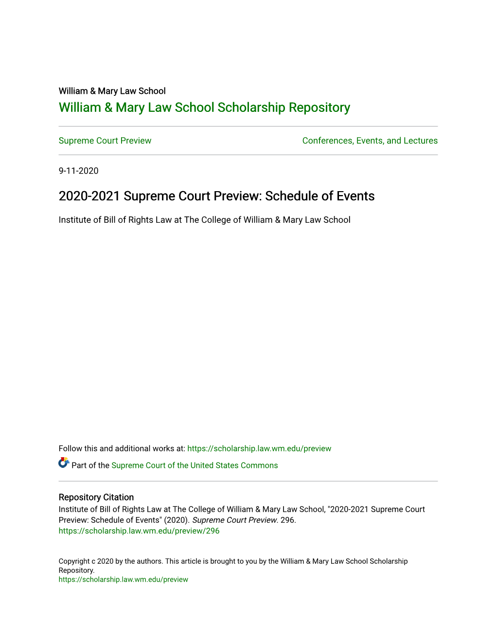 2020-2021 Supreme Court Preview: Schedule of Events