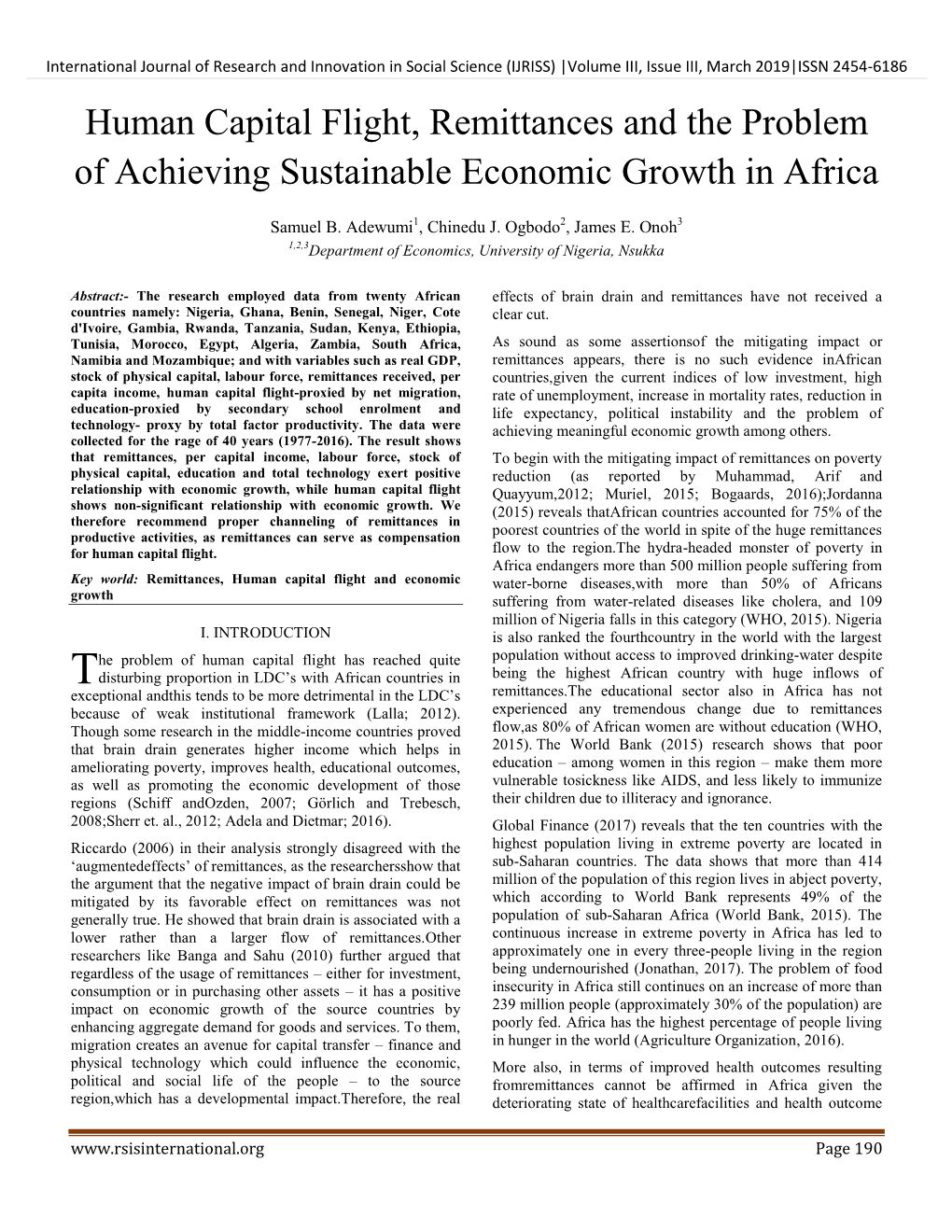 Human Capital Flight, Remittances and the Problem of Achieving Sustainable Economic Growth in Africa