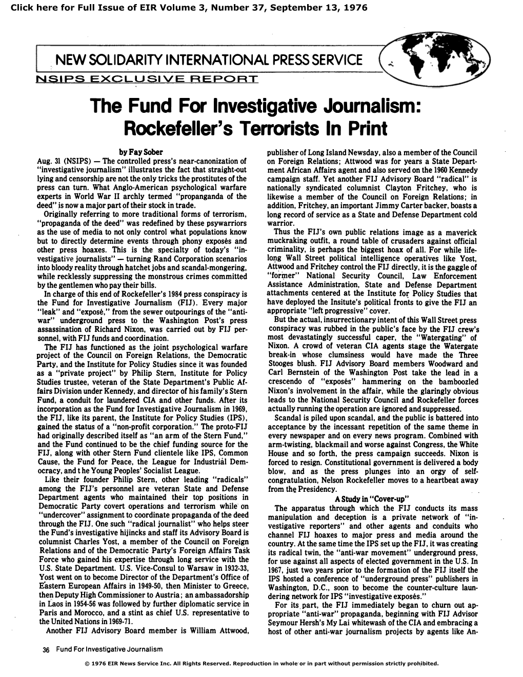 The Fund for Investigative Journalism: Rockefeller's Terrorists in Print