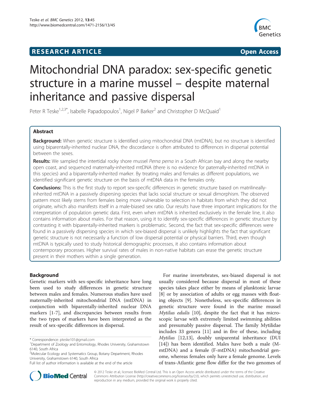 Sex-Specific Genetic Structure in a Marine Mussel