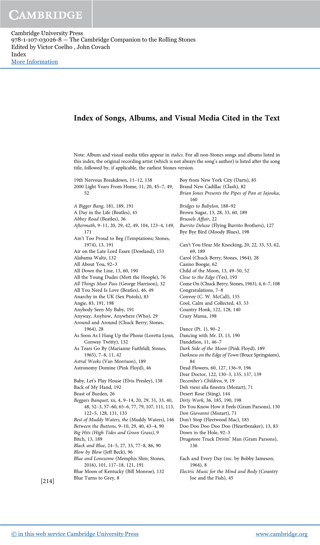 Index of Songs, Albums, and Visual Media Cited in the Text