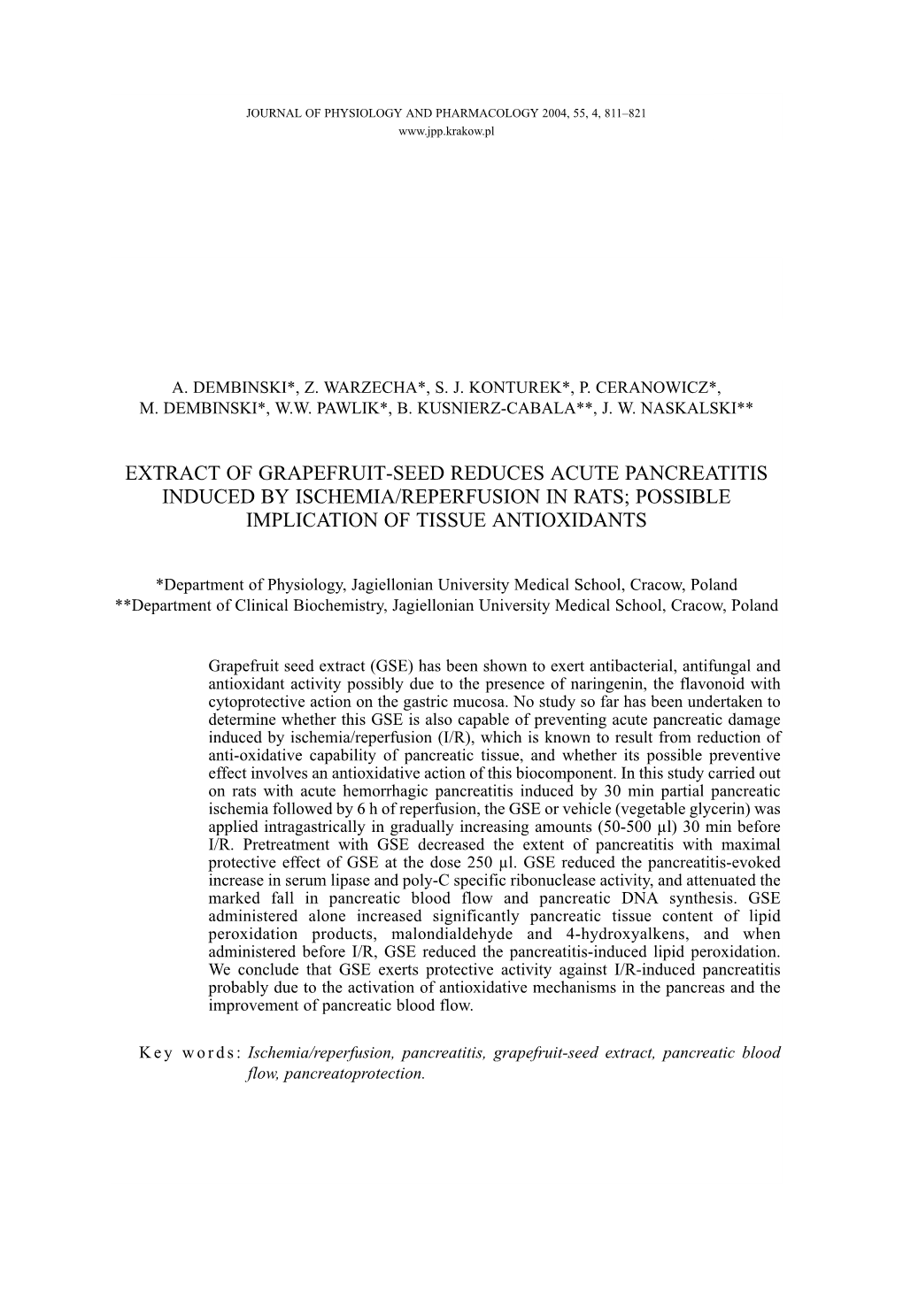 Extract of Grapefruit-Seed Reduces Acute Pancreatitis Induced by Ischemia/Reperfusion in Rats