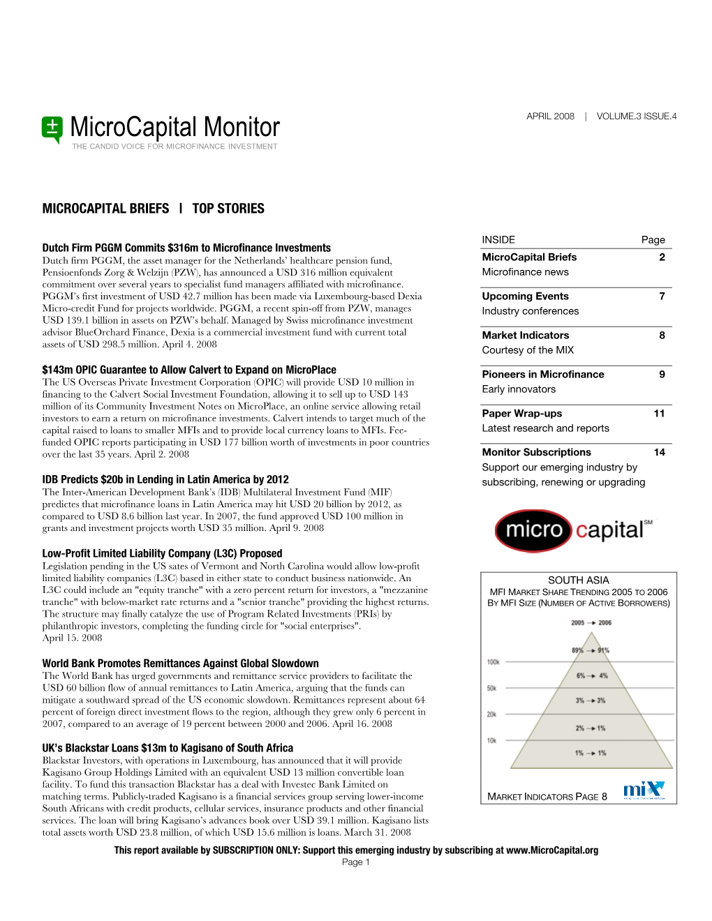Microcapital Monitor APRIL 2008 | VOLUME.3 ISSUE.4 the CANDID VOICE for MICROFINANCE INVESTMENT