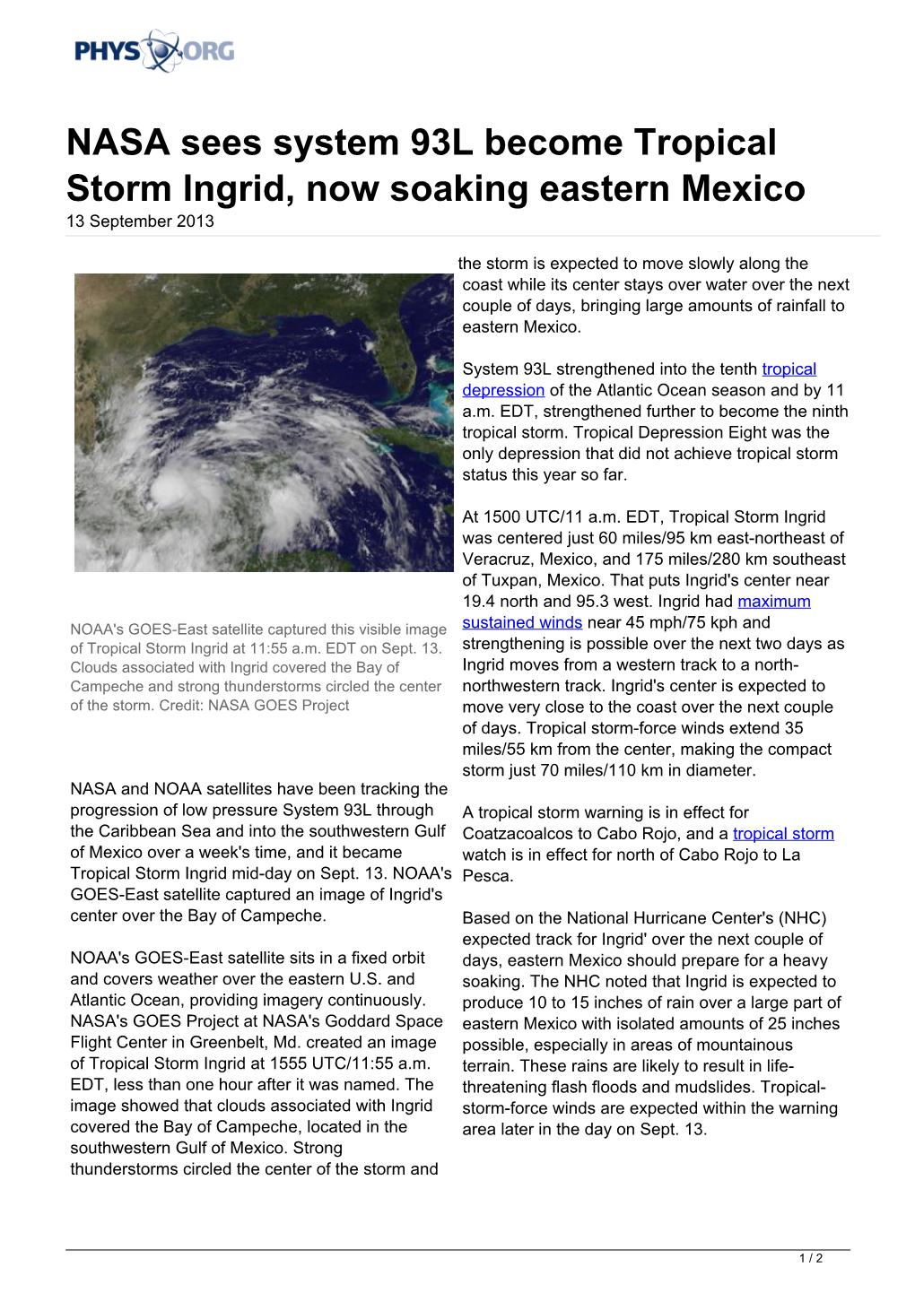 NASA Sees System 93L Become Tropical Storm Ingrid, Now Soaking Eastern Mexico 13 September 2013