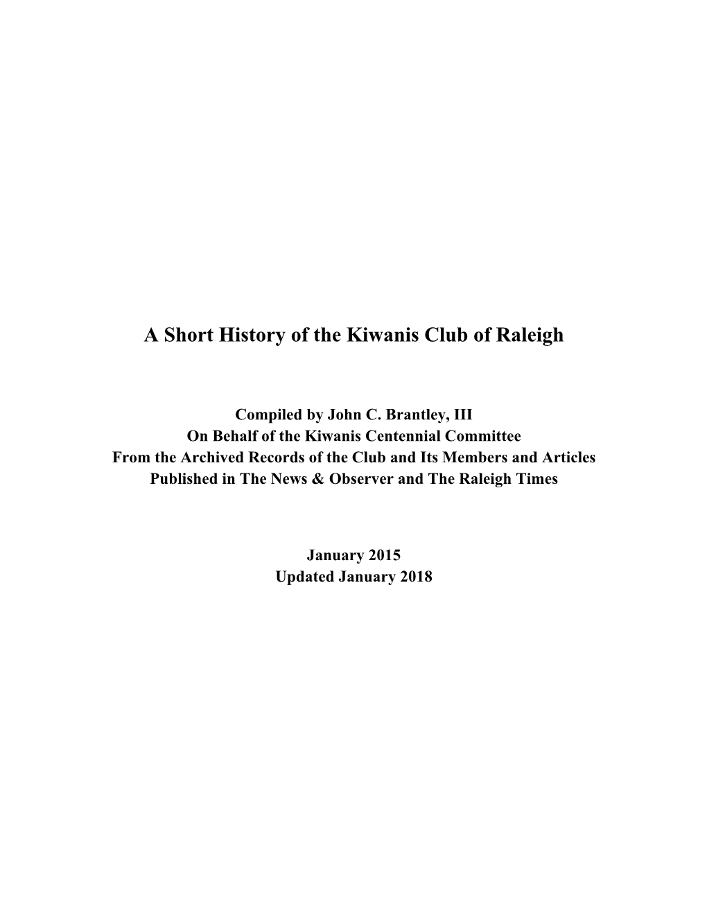 A Short History of the Kiwanis Club of Raleigh